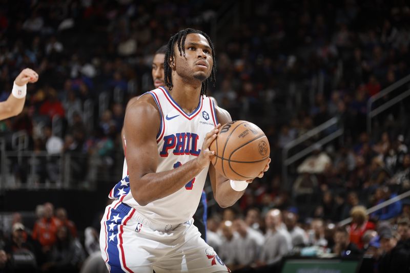 DETROIT, MI - NOVEMBER 30:  Ricky Council IV #14 of the Philadelphia 76ers prepares to shoot a free throw during the game against the Detroit Pistons during a regular season game on November 30, 2024 at Little Caesars Arena in Detroit, Michigan. NOTE TO USER: User expressly acknowledges and agrees that, by downloading and/or using this photograph, User is consenting to the terms and conditions of the Getty Images License Agreement. Mandatory Copyright Notice: Copyright 2024 NBAE (Photo by Brian Sevald/NBAE via Getty Images)