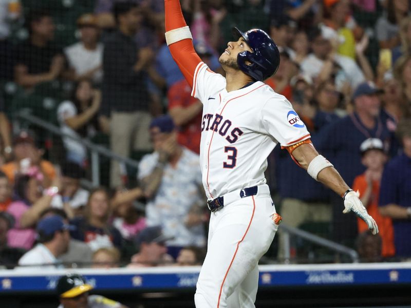 May 27, 2025; Houston, Texas, USA; Houston Astros shortstop Jeremy Pena (3) reacts to his three-run home run against the Athletics in the second inning at Daikin Park. Mandatory Credit: Thomas Shea-Imagn Images