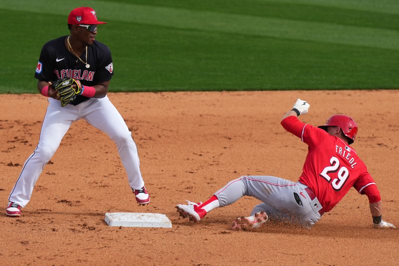 Feb. 24, 2024; Goodyear, Arizona, USA; Cincinnati Reds center fielder TJ Friedl (29) slides into the second base on a double play turned by the Cleveland Guardians defense in the fifth inning during a MLB spring training baseball game at Goodyear Ballpark. Mandatory Credit: Kareem Elgazzar-USA TODAY Sports