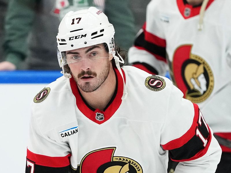 Nov 12, 2024; Toronto, Ontario, CAN; Ottawa Senators right wing Zack MacEwen (17) skates during the warmup against the Toronto Maple Leafs at Scotiabank Arena. Mandatory Credit: Nick Turchiaro-Imagn Images