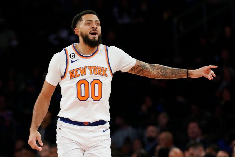 NEW YORK, NEW YORK - OCTOBER 04: Jalen Harris #00 of the New York Knicks reacts during the second half against the Detroit Pistons at Madison Square Garden on October 04, 2022 in New York City. NOTE TO USER: User expressly acknowledges and agrees that, by downloading and or using this photograph, User is consenting to the terms and conditions of the Getty Images License Agreement. (Photo by Sarah Stier/Getty Images)