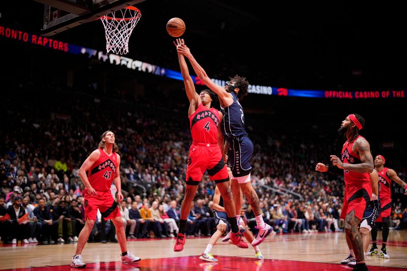 TORONTO, CANADA - FEBRUARY 28: Scottie Barnes #4 of the Toronto Raptors shoots the ball during the game against the Dallas Mavericks on February 28, 2024 at the Scotiabank Arena in Toronto, Ontario, Canada.  NOTE TO USER: User expressly acknowledges and agrees that, by downloading and or using this Photograph, user is consenting to the terms and conditions of the Getty Images License Agreement.  Mandatory Copyright Notice: Copyright 2024 NBAE (Photo by Mark Blinch/NBAE via Getty Images)