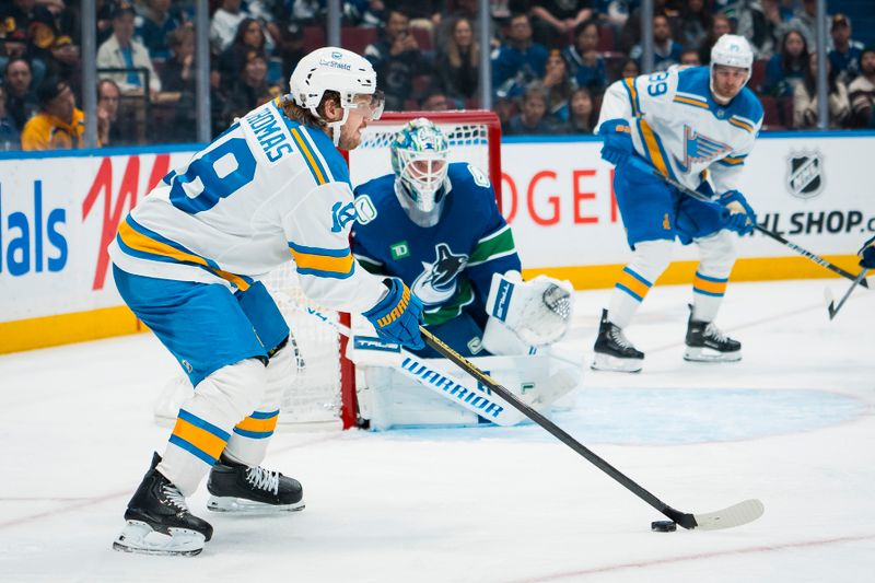 Oct 13, 2025; Vancouver, British Columbia, CAN; St. Louis Blues forward Robert Thomas (18) handles the puck against the Vancouver Canucks in the third period at Rogers Arena. Mandatory Credit: Bob Frid-Imagn Images
