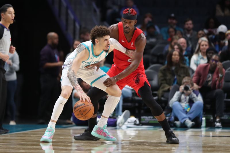 CHARLOTTE, NC - NOVEMBER 27: LaMelo Ball #1 of the Charlotte Hornets dribbles the ball during the game against the Miami Heat  on November 27, 2024 at Spectrum Center in Charlotte, North Carolina. NOTE TO USER: User expressly acknowledges and agrees that, by downloading and or using this photograph, User is consenting to the terms and conditions of the Getty Images License Agreement. Mandatory Copyright Notice: Copyright 2024 NBAE (Photo by Brock Williams-Smith/NBAE via Getty Images)