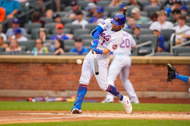 Jul 16, 2023; New York City, New York, USA; New York Mets second baseman Jeff McNeil (1) hits a double against the Los Angeles Dodgers during the first inning at Citi Field. Mandatory Credit: Gregory Fisher-USA TODAY Sports