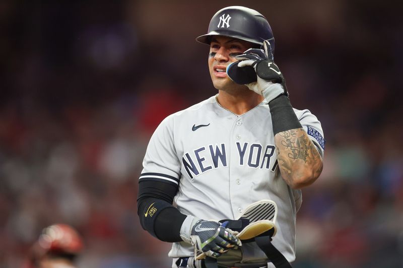 Aug 16, 2023; Atlanta, Georgia, USA; New York Yankees second baseman Gleyber Torres (25) reacts after a strikeout against the Atlanta Braves in the eighth inning at Truist Park. Mandatory Credit: Brett Davis-USA TODAY Sports