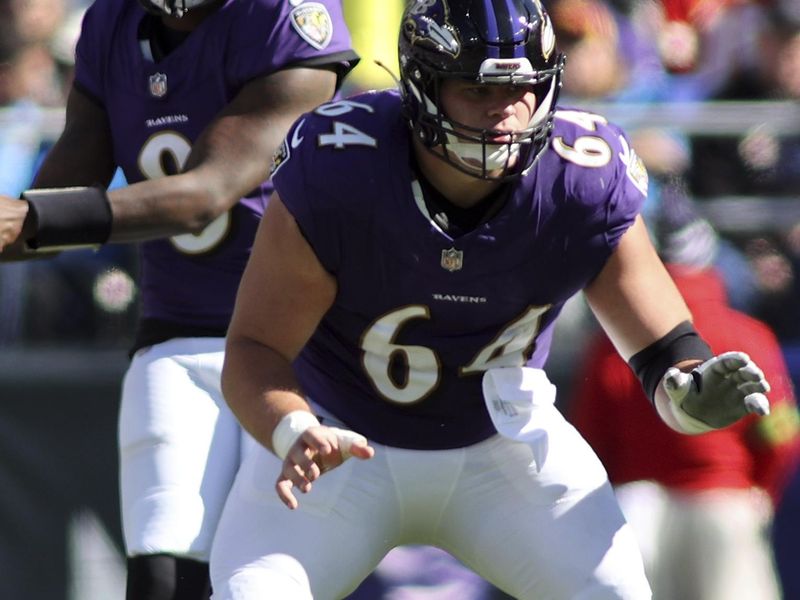 Baltimore Ravens center Tyler Linderbaum (64) blocks during an NFL football game against the Detroit Lions, Sunday, October 22, 2023 in Baltimore, Maryland. (AP Photo/Daniel Kucin Jr.)