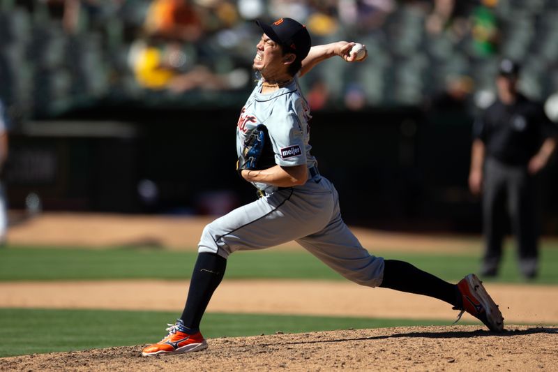 Sep 8, 2024; Oakland, California, USA; Detroit Tigers pitcher Kenta Maeda (18) delivers a pitch against the Oakland Athletics during the eighth inning at Oakland-Alameda County Coliseum. Mandatory Credit: D. Ross Cameron-Imagn Images