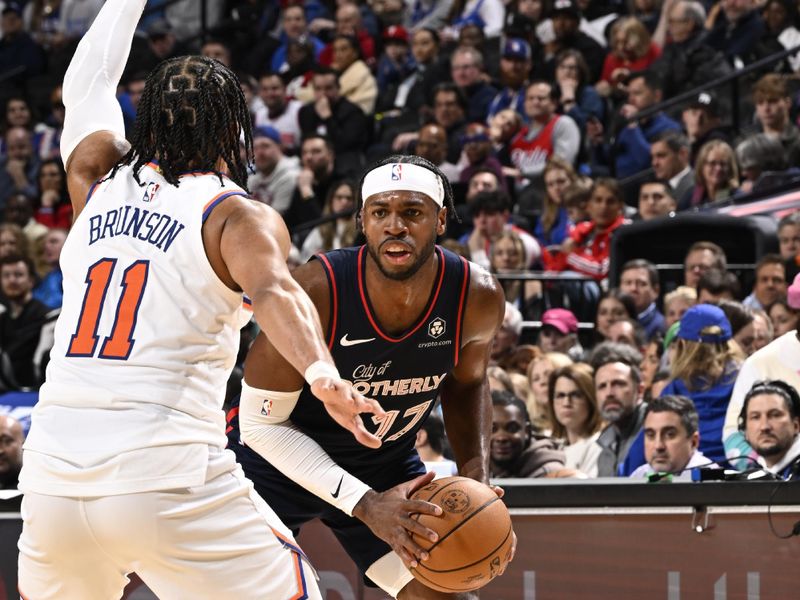 PHILADELPHIA, PA - FEBRUARY 22: Buddy Hield #17 of the Philadelphia 76ers handles the ball during the game against the New York Knicks on February 22, 2024 at the Wells Fargo Center in Philadelphia, Pennsylvania NOTE TO USER: User expressly acknowledges and agrees that, by downloading and/or using this Photograph, user is consenting to the terms and conditions of the Getty Images License Agreement. Mandatory Copyright Notice: Copyright 2024 NBAE (Photo by David Dow/NBAE via Getty Images)