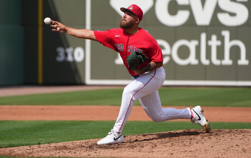 Feb 26, 2026; Fort Myers, Florida, USA;  Boston Red Sox pitcher Greg Weissert (57) throws a pitch in the fourth inning against the Tampa Bay Rays at JetBlue Park at Fenway South. Mandatory Credit: Jim Rassol-Imagn Images