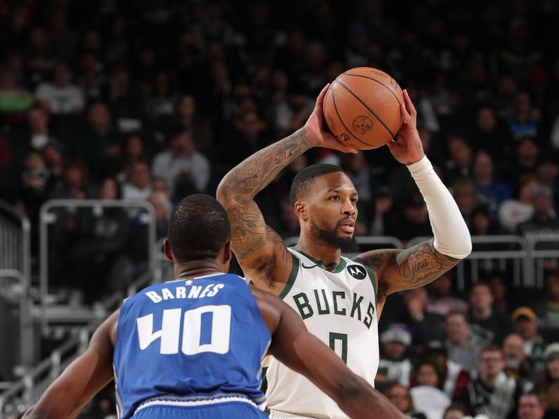 MILWAUKEE, WI - JANUARY 14: Damian Lillard #0 of the Milwaukee Bucks handles the ball during the game against the Sacramento Kings on January 14, 2024 at the Fiserv Forum Center in Milwaukee, Wisconsin. NOTE TO USER: User expressly acknowledges and agrees that, by downloading and or using this Photograph, user is consenting to the terms and conditions of the Getty Images License Agreement. Mandatory Copyright Notice: Copyright 2024 NBAE (Photo by Gary Dineen/NBAE via Getty Images).