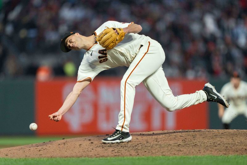 Jul 3, 2023; San Francisco, California, USA;  San Francisco Giants relief pitcher Tyler Rogers (71) pitches during the eighth inning against the Seattle Mariners at Oracle Park. Mandatory Credit: Stan Szeto-USA TODAY Sports