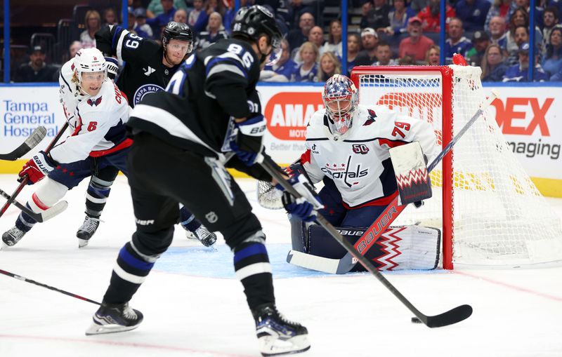 Oct 26, 2024; Tampa, Florida, USA; Washington Capitals goaltender Charlie Lindgren (79) defends the puck from Tampa Bay Lightning right wing Nikita Kucherov (86)  during the first period at Amalie Arena. Mandatory Credit: Kim Klement Neitzel-Imagn Images