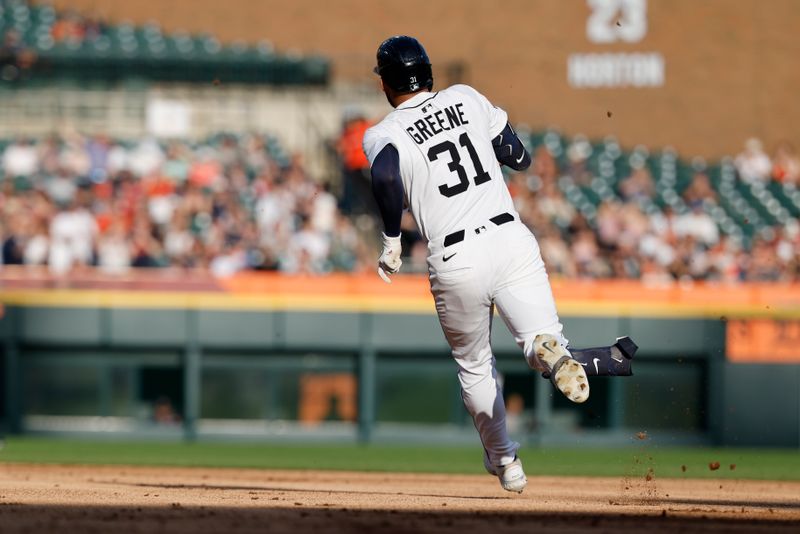 May 14, 2025; Detroit, Michigan, USA;  Detroit Tigers outfielder Riley Greene (31) runs the bases after he hits a double in the second inning against the Boston Red Sox at Comerica Park. Mandatory Credit: Rick Osentoski-Imagn Images