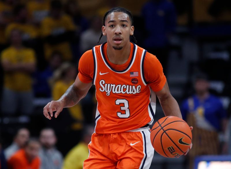 Jan 16, 2024; Pittsburgh, Pennsylvania, USA; Syracuse Orange guard Judah Mintz (3) brings the ball up court against the Pittsburgh Panthers during the first half at the Petersen Events Center. Mandatory Credit: Charles LeClaire-USA TODAY Sports