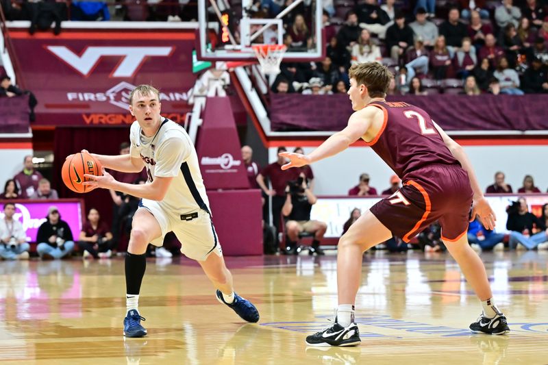 Feb 15, 2025; Blacksburg, Virginia, USA;  Virginia Cavaliers guard Andrew Rohde (4) looks to pass the ball as Virginia Tech Hokies guard Jaden Schutt (2) defends during the second half at Cassell Coliseum. Mandatory Credit: Brian Bishop-Imagn Images