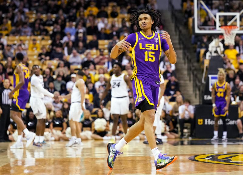 Feb 1, 2023; Columbia, Missouri, USA; LSU Tigers forward Tyrell Ward (15) reacts after a foul call during the second half against the Missouri Tigers at Mizzou Arena. Mandatory Credit: Jay Biggerstaff-USA TODAY Sports