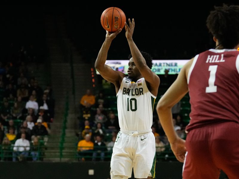 Feb 8, 2023; Waco, Texas, USA;  Baylor Bears guard Adam Flagler (10) shoots against Oklahoma Sooners forward Jalen Hill (1) during the first half at Ferrell Center. Mandatory Credit: Chris Jones-USA TODAY Sports