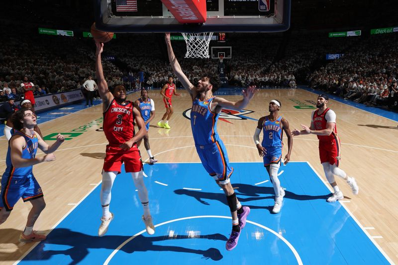 OKLAHOMA CITY, OK - APRIL 24: CJ McCollum #3 of the New Orleans Pelicans drives to the basket during the game against the Oklahoma City Thunder during Round 1 Game 2 of the 2024 NBA Playoffs on April 24, 2024 at Paycom Arena in Oklahoma City, Oklahoma. NOTE TO USER: User expressly acknowledges and agrees that, by downloading and or using this photograph, User is consenting to the terms and conditions of the Getty Images License Agreement. Mandatory Copyright Notice: Copyright 2024 NBAE (Photo by Zach Beeker/NBAE via Getty Images)