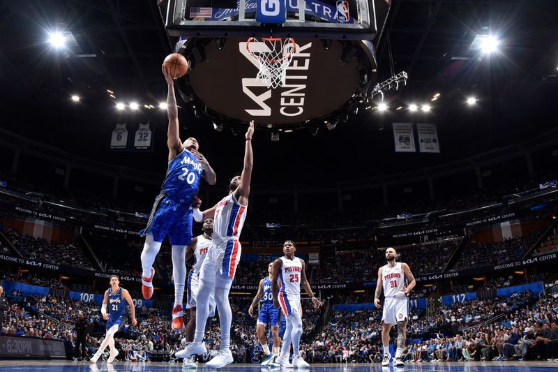 ORLANDO, FL - MARCH 3: Markelle Fultz #20 of the Orlando Magic drives to the basket during the game against the Detroit Pistons on March 3, 2024 at the Kia Center in Orlando, Florida. NOTE TO USER: User expressly acknowledges and agrees that, by downloading and or using this photograph, User is consenting to the terms and conditions of the Getty Images License Agreement. Mandatory Copyright Notice: Copyright 2024 NBAE (Photo by Fernando Medina/NBAE via Getty Images)