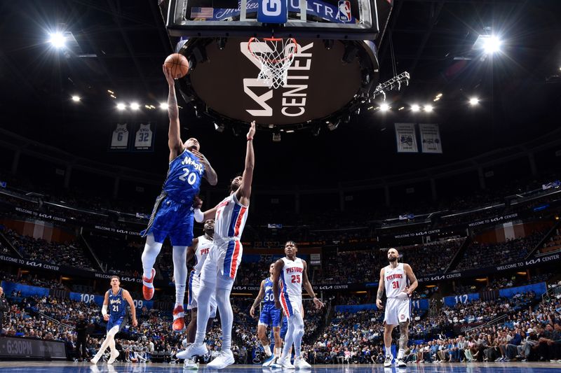 ORLANDO, FL - MARCH 3: Markelle Fultz #20 of the Orlando Magic drives to the basket during the game against the Detroit Pistons on March 3, 2024 at the Kia Center in Orlando, Florida. NOTE TO USER: User expressly acknowledges and agrees that, by downloading and or using this photograph, User is consenting to the terms and conditions of the Getty Images License Agreement. Mandatory Copyright Notice: Copyright 2024 NBAE (Photo by Fernando Medina/NBAE via Getty Images)