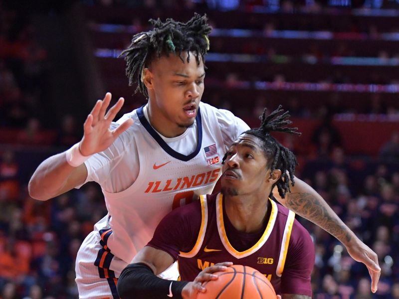 Feb 28, 2024; Champaign, Illinois, USA; Illinois Fighting Illini guard Terrence Shannon Jr. (0) pressures Minnesota Golden Gophers guard Elijah Hawkins (0) during the second half at State Farm Center. Mandatory Credit: Ron Johnson-USA TODAY Sports