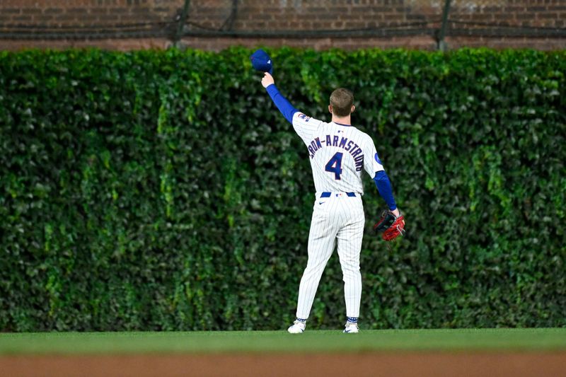 Aug 19, 2025; Chicago, Illinois, USA;  Chicago Cubs outfielder Pete Crow-Armstrong (4) waves to fans after the game against the Milwaukee Brewers at Wrigley Field. Mandatory Credit: Matt Marton-Imagn Images