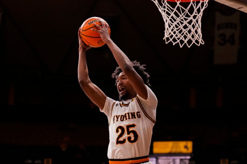 Feb 17, 2023; Laramie, Wyoming, USA; Wyoming Cowboys forward Jeremiah Oden (25) pulls down a rebound against the Air Force Falcons during the first half at Arena-Auditorium. Mandatory Credit: Troy Babbitt-USA TODAY Sports