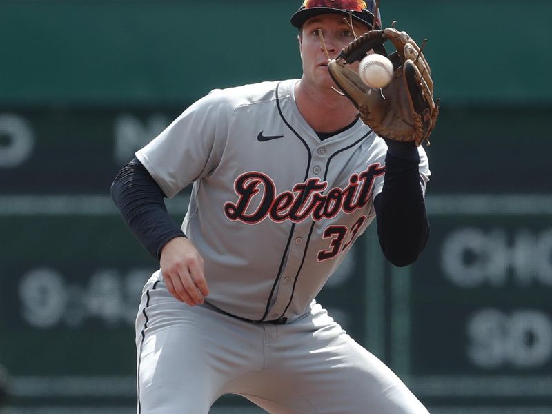Apr 9, 2024; Pittsburgh, Pennsylvania, USA;  Detroit Tigers second baseman Colt Keith (33) takes a throw at second base against the Pittsburgh Pirates to end the third inning at PNC Park. Mandatory Credit: Charles LeClaire-USA TODAY Sports