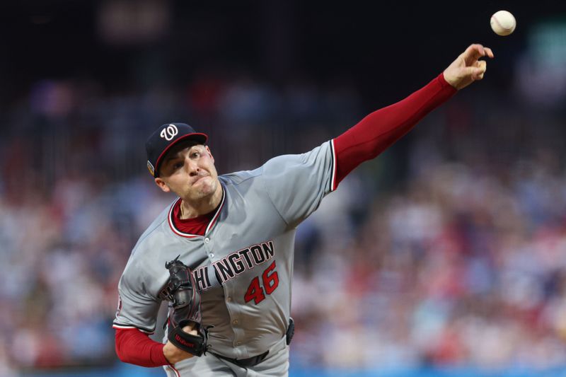 Aug 16, 2024; Philadelphia, Pennsylvania, USA; Washington Nationals pitcher Patrick Corbin (46) throws a pitch during the third inning against the Philadelphia Phillies at Citizens Bank Park. Mandatory Credit: Bill Streicher-USA TODAY Sports