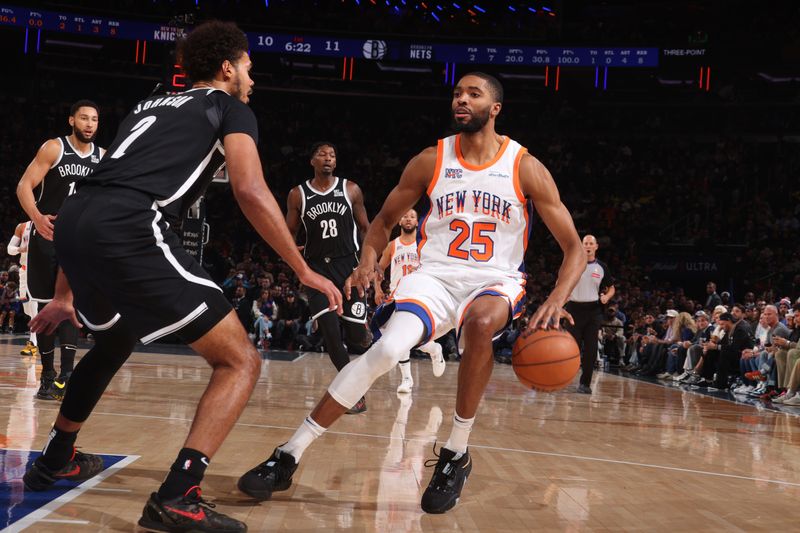 NEW YORK, NY - NOVEMBER 17: Mikal Bridges #25 of the New York Knicks handles the ball during the game against the Brooklyn Nets on November 17, 2024 at Madison Square Garden in New York City, New York.  NOTE TO USER: User expressly acknowledges and agrees that, by downloading and or using this photograph, User is consenting to the terms and conditions of the Getty Images License Agreement. Mandatory Copyright Notice: Copyright 2024 NBAE  (Photo by Nathaniel S. Butler/NBAE via Getty Images)