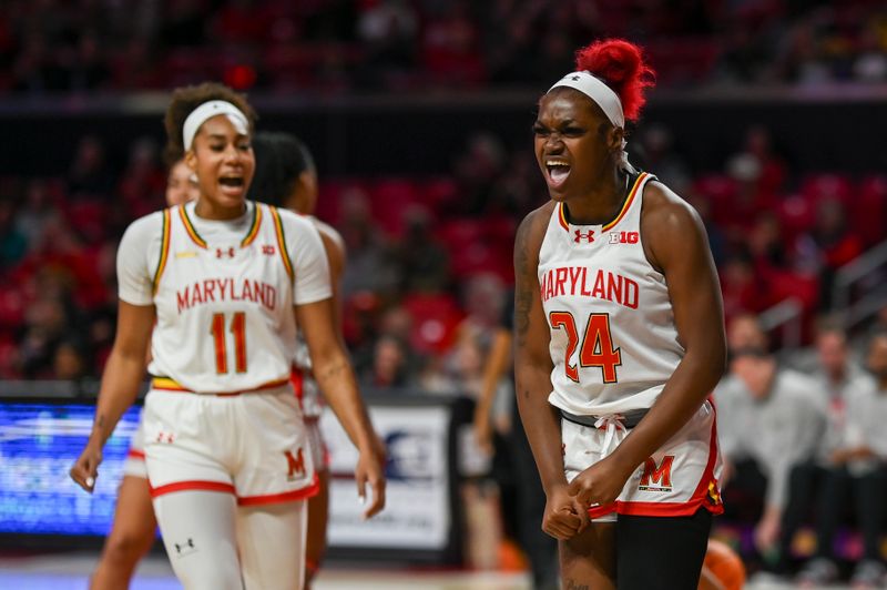 Jan 17, 2024; College Park, Maryland, USA;  Maryland Terrapins guard Bri McDaniel (24) reacts after scoring during the fist half against the Ohio State Buckeyesat Xfinity Center. Mandatory Credit: Tommy Gilligan-USA TODAY Sports