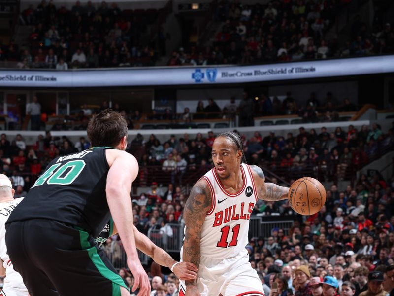 CHICAGO, IL - MARCH 23: DeMar DeRozan #11 of the Chicago Bulls handles the ball during the game against the Boston Celtics on March 23, 2024 at United Center in Chicago, Illinois. NOTE TO USER: User expressly acknowledges and agrees that, by downloading and or using this photograph, User is consenting to the terms and conditions of the Getty Images License Agreement. Mandatory Copyright Notice: Copyright 2024 NBAE (Photo by Jeff Haynes/NBAE via Getty Images)