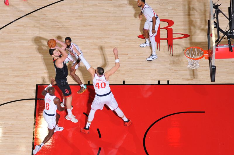 HOUSTON, TX - NOVEMBER 13:  Alperen Sengun #28 of the Houston Rockets shoots the ball during the game against the LA Clippers on November 13, 2024 at the Toyota Center in Houston, Texas. NOTE TO USER: User expressly acknowledges and agrees that, by downloading and or using this photograph, User is consenting to the terms and conditions of the Getty Images License Agreement. Mandatory Copyright Notice: Copyright 2024 NBAE (Photo by Logan Riely/NBAE via Getty Images)