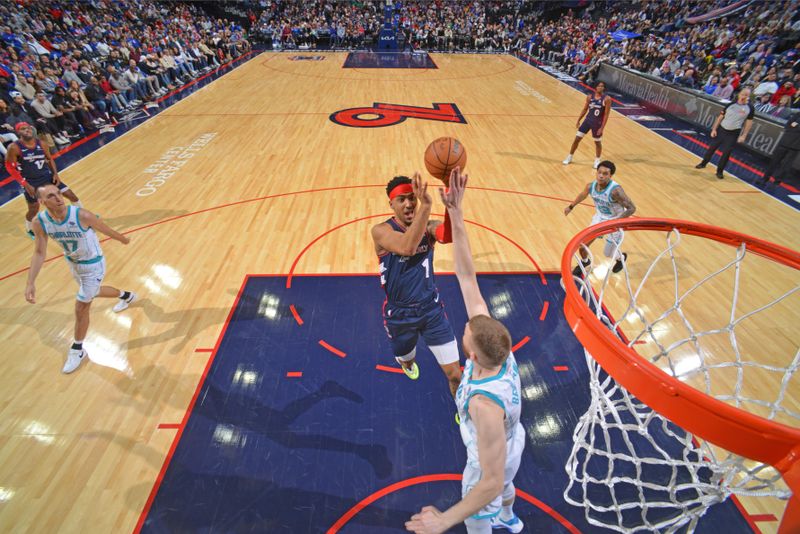 PHILADELPHIA, PA - MARCH 16: Kenyon Martin Jr. #1 of the Philadelphia 76ers drives to the basket during the game against the Charlotte Hornets on March 16, 2024 at the Wells Fargo Center in Philadelphia, Pennsylvania NOTE TO USER: User expressly acknowledges and agrees that, by downloading and/or using this Photograph, user is consenting to the terms and conditions of the Getty Images License Agreement. Mandatory Copyright Notice: Copyright 2024 NBAE (Photo by Jesse D. Garrabrant/NBAE via Getty Images)