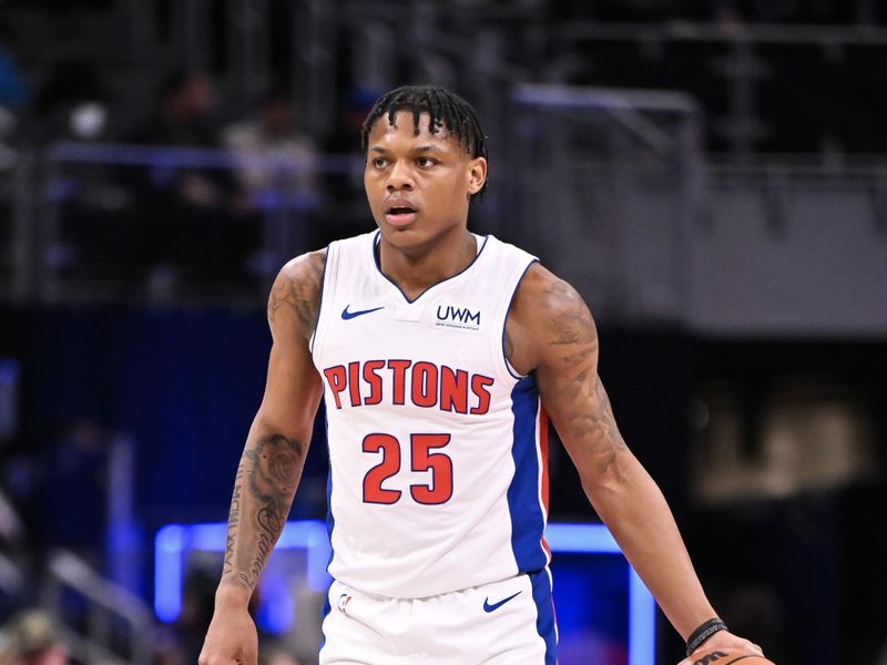 DETROIT, MICHIGAN - MARCH 07: Marcus Sasser #25 of the Detroit Pistons dribbles the ball against the Brooklyn Nets during the first half at Little Caesars Arena on March 07, 2024 in Detroit, Michigan. NOTE TO USER: User expressly acknowledges and agrees that, by downloading and or using this photograph, User is consenting to the terms and conditions of the Getty Images License Agreement. (Photo by Luke Hales/Getty Images)