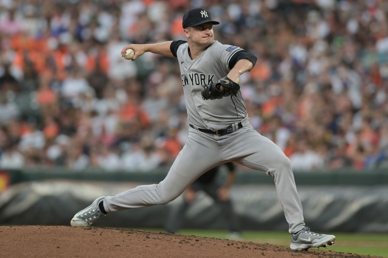 Jul 29, 2023; Baltimore, Maryland, USA;  New York Yankees starting pitcher Clarke Schmidt (36)m twos a second inning pitch against the Baltimore Orioles at Oriole Park at Camden Yards. Mandatory Credit: Tommy Gilligan-USA TODAY Sports