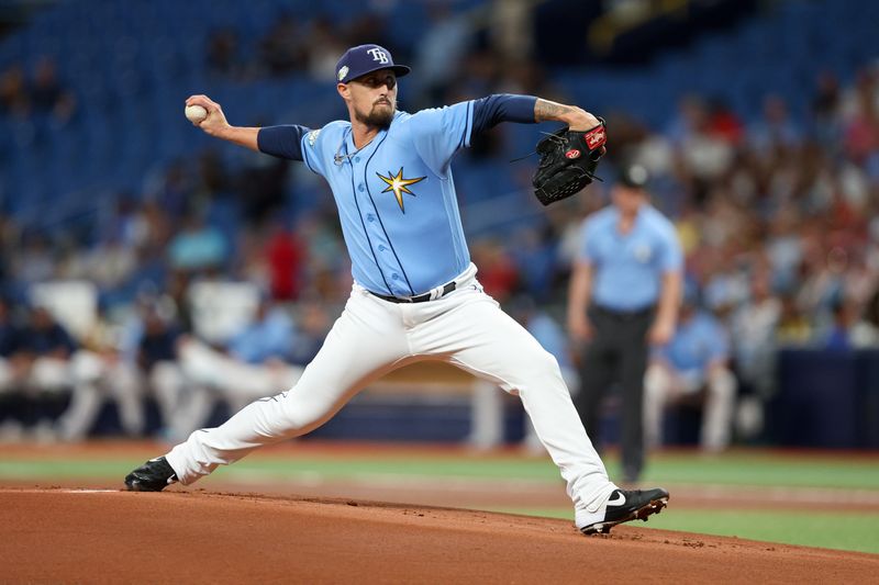 Jul 6, 2023; St. Petersburg, Florida, USA;  Tampa Bay Rays relief pitcher Shawn Armstrong (64) throws a pitch against the Philadelphia Phillies in the first inning at Tropicana Field. Mandatory Credit: Nathan Ray Seebeck-USA TODAY Sports