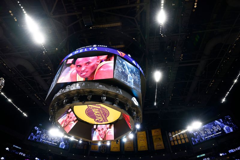 LOS ANGELES, CALIFORNIA - FEBRUARY 08:  A video tribute for Kobe Bryant before a game between the Denver Nuggets and the Los Angeles Lakers at Crypto.com Arena on February 08, 2024 in Los Angeles, California.  NOTE TO USER: User expressly acknowledges and agrees that, by downloading and/or using this photograph, user is consenting to the terms and conditions of the Getty Images License Agreement.  (Photo by Ronald Martinez/Getty Images)