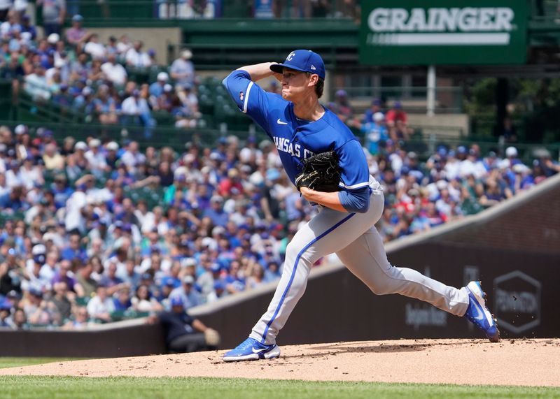 Aug 19, 2023; Chicago, Illinois, USA; Kansas City Royals starting pitcher Brady Singer (51) throws the ball against the Chicago Cubs during the first inning at Wrigley Field. Mandatory Credit: David Banks-USA TODAY Sports