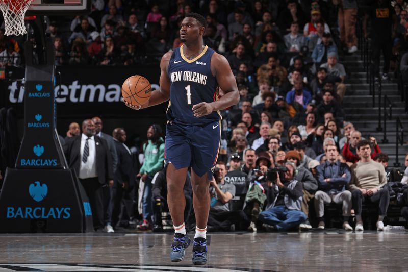 BROOKLYN, NY - MARCH 19: Zion Williamson #1 of the New Orleans Pelicans dribbles the ball during the game against the Brooklyn Nets on March 19, 2024 at Barclays Center in Brooklyn, New York. NOTE TO USER: User expressly acknowledges and agrees that, by downloading and or using this Photograph, user is consenting to the terms and conditions of the Getty Images License Agreement. Mandatory Copyright Notice: Copyright 2024 NBAE (Photo by Nathaniel S. Butler/NBAE via Getty Images)