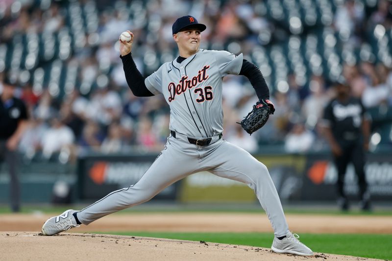 Aug 26, 2024; Chicago, Illinois, USA; Detroit Tigers starting pitcher Ty Madden (36) delivers a pitch against the Chicago White Sox during the first inning at Guaranteed Rate Field. Mandatory Credit: Kamil Krzaczynski-USA TODAY Sports