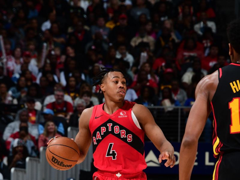 ATLANTA, GA - February 23:   Scottie Barnes #4 of the Toronto Raptors handles the ball during the game against the Atlanta Hawks on February 23, 2024 at State Farm Arena in Atlanta, Georgia.  NOTE TO USER: User expressly acknowledges and agrees that, by downloading and/or using this Photograph, user is consenting to the terms and conditions of the Getty Images License Agreement. Mandatory Copyright Notice: Copyright 2024 NBAE (Photo by Scott Cunningham/NBAE via Getty Images)