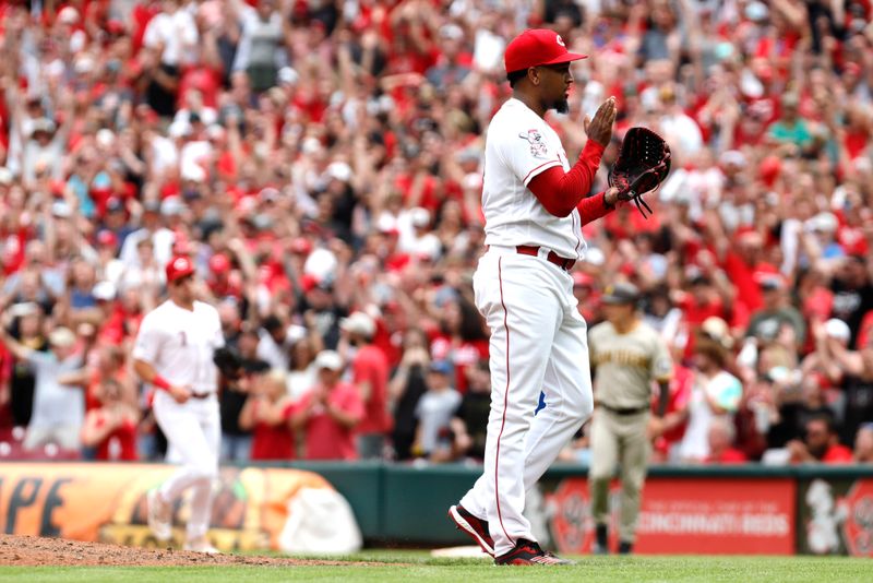 Jul 2, 2023; Cincinnati, Ohio, USA; Cincinnati Reds relief pitcher Alexis Diaz (43) reacts after the Reds defeated the San Diego Padres at Great American Ball Park. Mandatory Credit: David Kohl-USA TODAY Sports