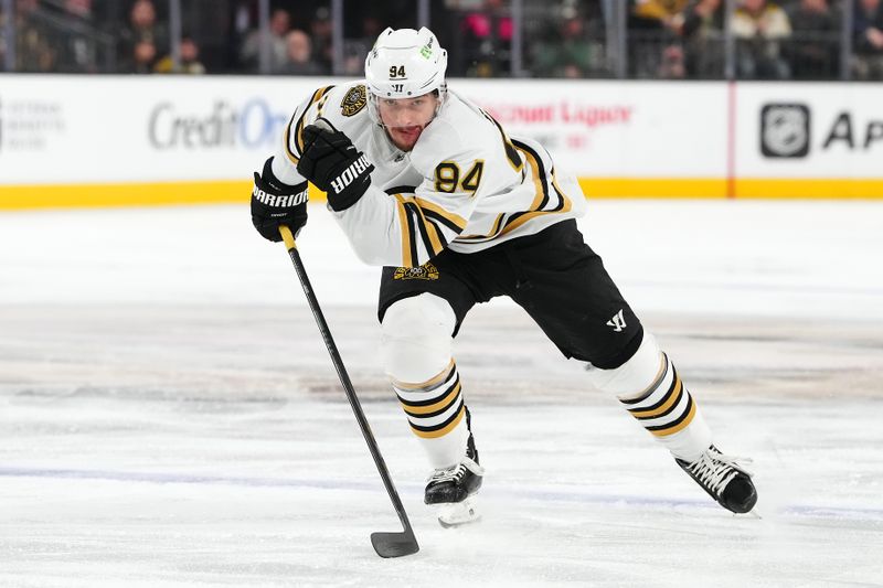 Jan 11, 2024; Las Vegas, Nevada, USA; Boston Bruins center Jakub Lauko (94) skates against the Vegas Golden Knights during the first period at T-Mobile Arena. Mandatory Credit: Stephen R. Sylvanie-USA TODAY Sports