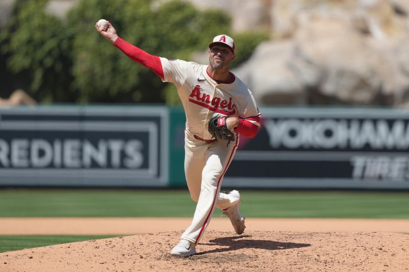 Jun 8, 2025; Anaheim, California, USA; Los Angeles Angels relief pitcher Hunter Strickland (60) throws in the fifth inning against the Seattle Mariners at Angel Stadium. Mandatory Credit: Kirby Lee-Imagn Images
