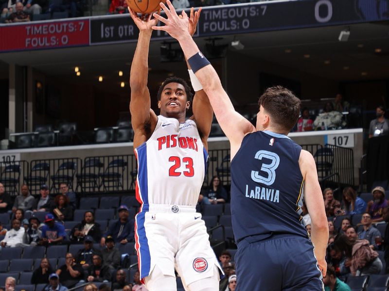 MEMPHIS, TN - APRIL 5: Jaden Ivey #23 of the Detroit Pistons three point basket during the game against the Memphis Grizzlies on April 5, 2024 at FedExForum in Memphis, Tennessee. NOTE TO USER: User expressly acknowledges and agrees that, by downloading and or using this photograph, User is consenting to the terms and conditions of the Getty Images License Agreement. Mandatory Copyright Notice: Copyright 2024 NBAE (Photo by Joe Murphy/NBAE via Getty Images)