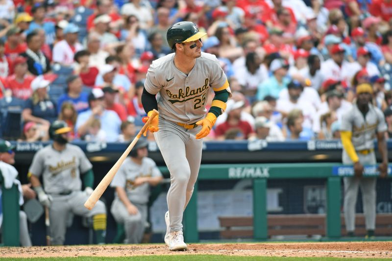 Jul 14, 2024; Philadelphia, Pennsylvania, USA; Oakland Athletics outfielder Brent Rooker (25) watches his two-run home run against the Philadelphia Phillies during the sixth inning at Citizens Bank Park. Mandatory Credit: Eric Hartline-USA TODAY Sports