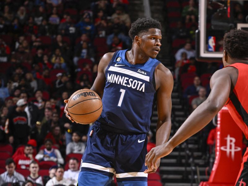 HOUSTON, TX - JANUARY 23:   Anthony Edwards #1 of the Minnesota Timberwolves drives to the basket during the game against the  Houston Rockets on January 23, 2023 at the Toyota Center in Houston, Texas. NOTE TO USER: User expressly acknowledges and agrees that, by downloading and or using this photograph, User is consenting to the terms and conditions of the Getty Images License Agreement. Mandatory Copyright Notice: Copyright 2023 NBAE (Photo by Logan Riely/NBAE via Getty Images)