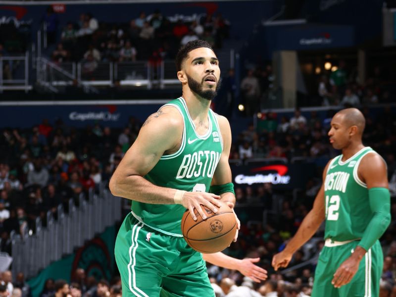 WASHINGTON, DC -? MARCH 17:  Jayson Tatum #0 of the Boston Celtics shoots a free throw during the game against the Washington Wizards on March 17, 2024 at Capital One Arena in Washington, DC. NOTE TO USER: User expressly acknowledges and agrees that, by downloading and or using this Photograph, user is consenting to the terms and conditions of the Getty Images License Agreement. Mandatory Copyright Notice: Copyright 2024 NBAE (Photo by Kenny Giarla/NBAE via Getty Images)